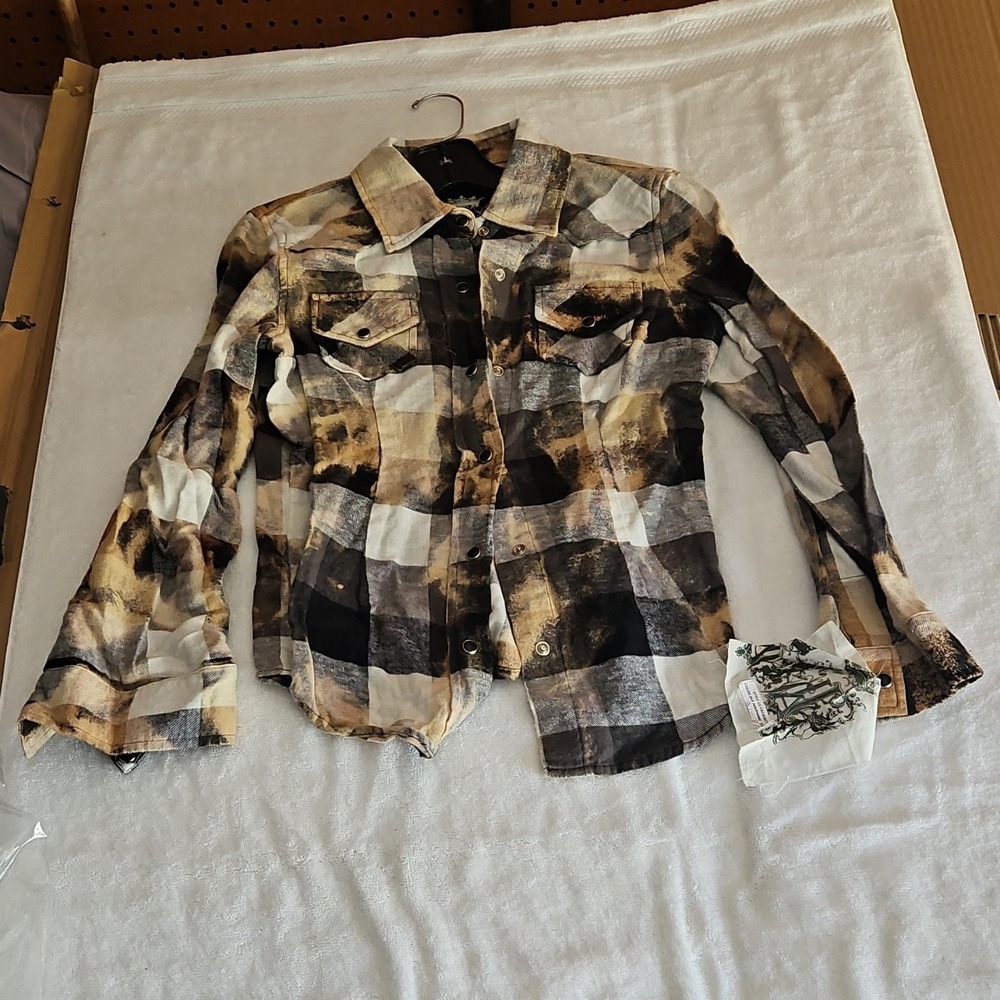 K.A. Plaid Button-Up Shirt Long Sleeve Cotton XS Multicolor Black Brown White